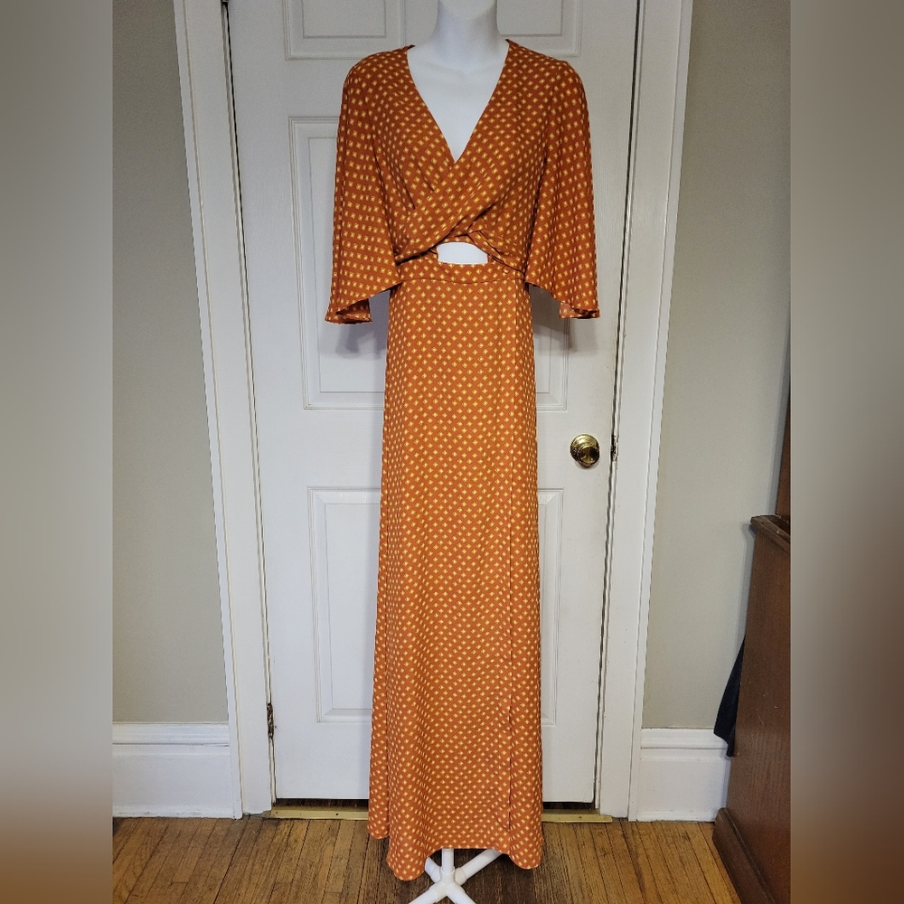 BCBG Maxazaria Orange Geometric Print Wrap Maxi Dress XS
